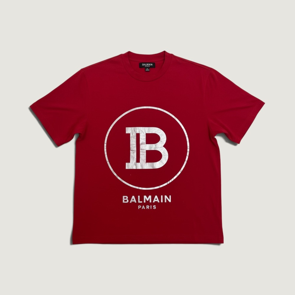 Balmain T-Shirt Silver Foil Logo Red Medium UA